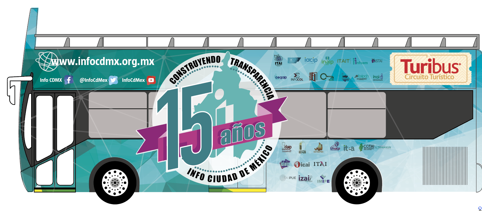 Imagen de un Turibús con logotipo por los 15 años del INFOCDMX
