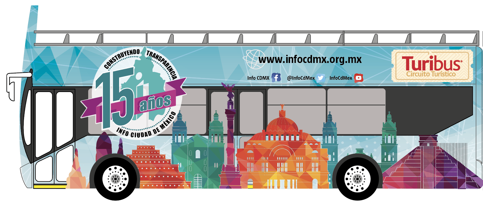 Imagen de un Turibús con logotipo por los 15 años del INFOCDMX y zonas emblemáticas de la ciudad