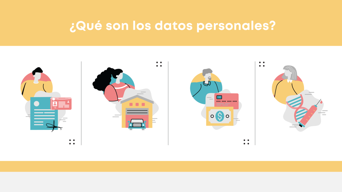 Ilustración de cuatro personas acompañadas de íconos que representan sus datos personales: identificación, domicilio, situación económica y número telefónico.